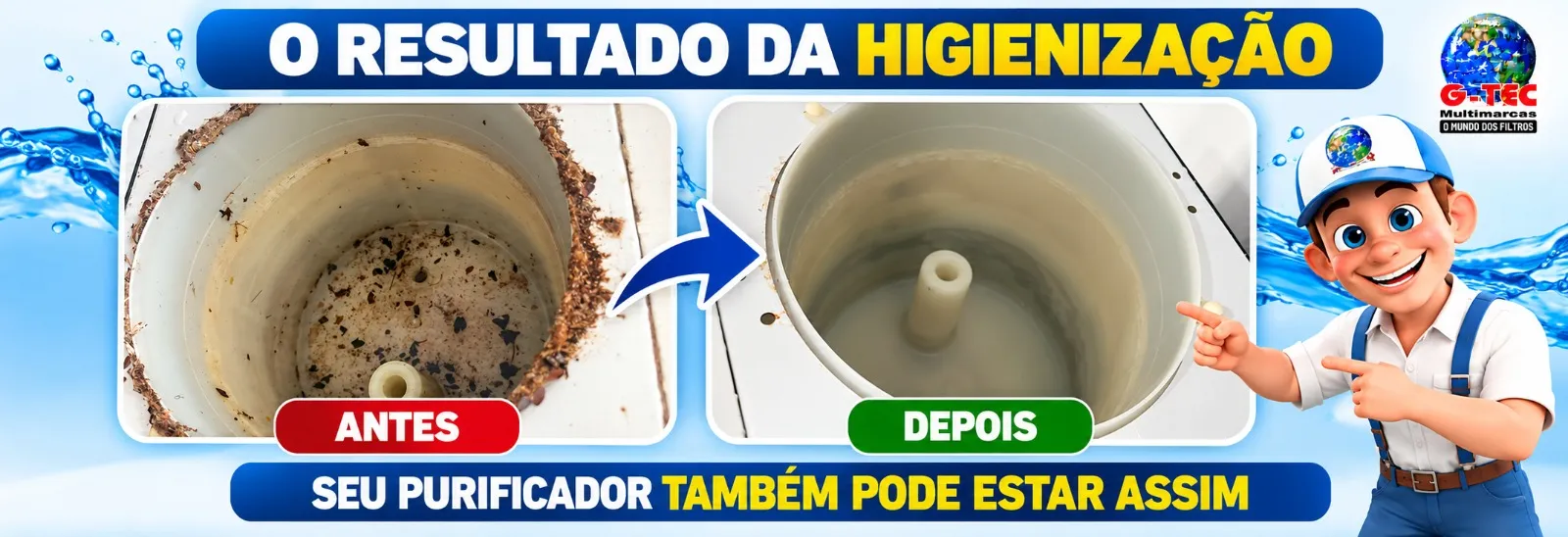 Reservatório de purificador antes e depois da higienização: sujeira, resíduos e impurezas antes; reservatório limpo e higienizado depois