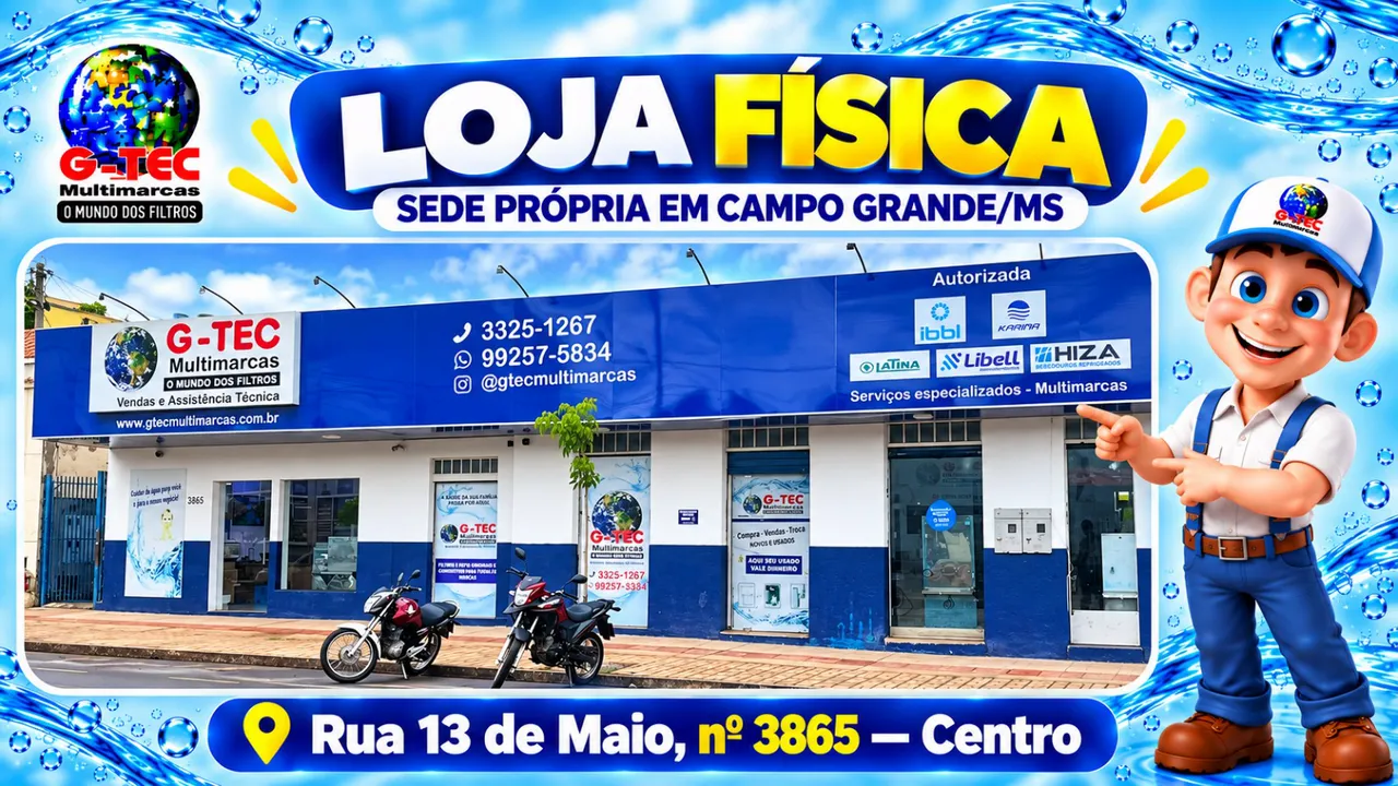 Fachada da loja física da G-TEC Multimarcas — sede própria na Rua 13 de Maio, nº 3865, Centro de Campo Grande/MS, de vendas e assistência técnica autorizada