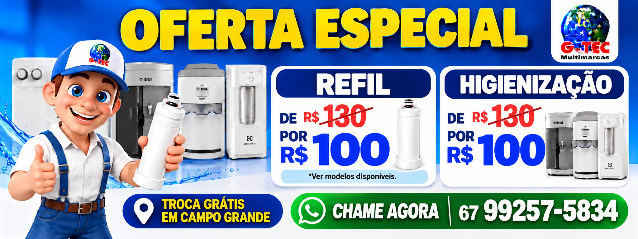 Oferta especial: troca de refil ou higienização por R$ 100 (de R$ 130), com troca grátis em Campo Grande — chame agora pelo WhatsApp 67 99257-5834