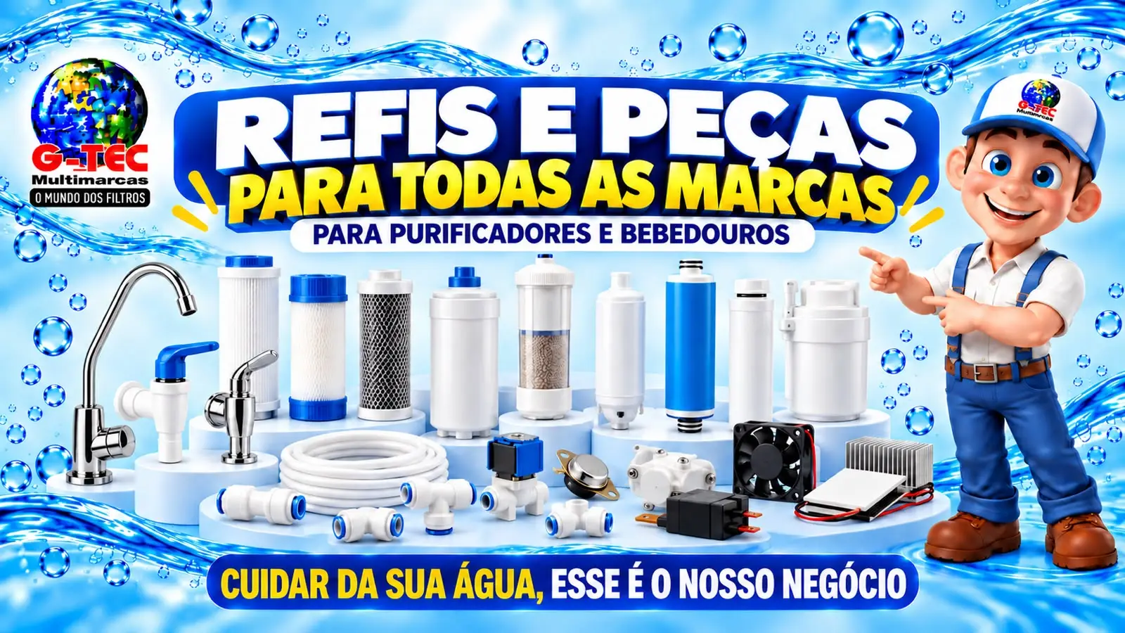 Refis e peças para todas as marcas, para purificadores e bebedouros: filtros, refis, torneiras, mangueiras, válvulas e acessórios — cuidar da sua água, esse é o nosso negócio